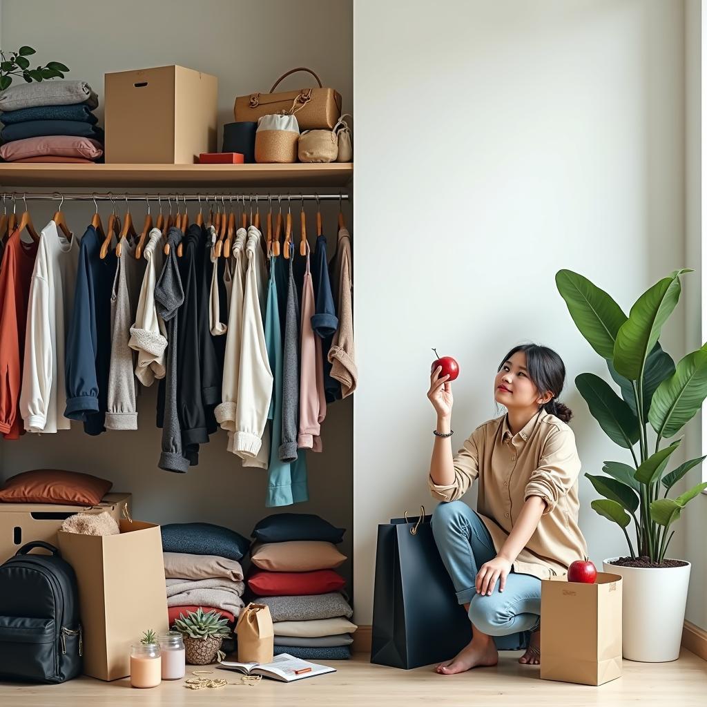 Conceptual image contrasting excessive consumerism with mindful, sustainable shopping choices and minimalist lifestyle.