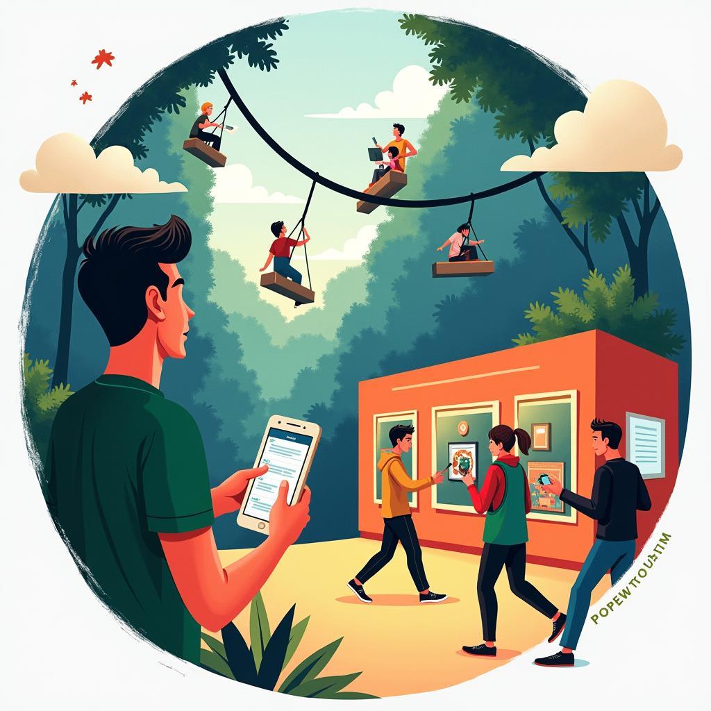 Illustration of modern day trips showing diverse experiences like eco-tourism, interactive museums, and technology integration.