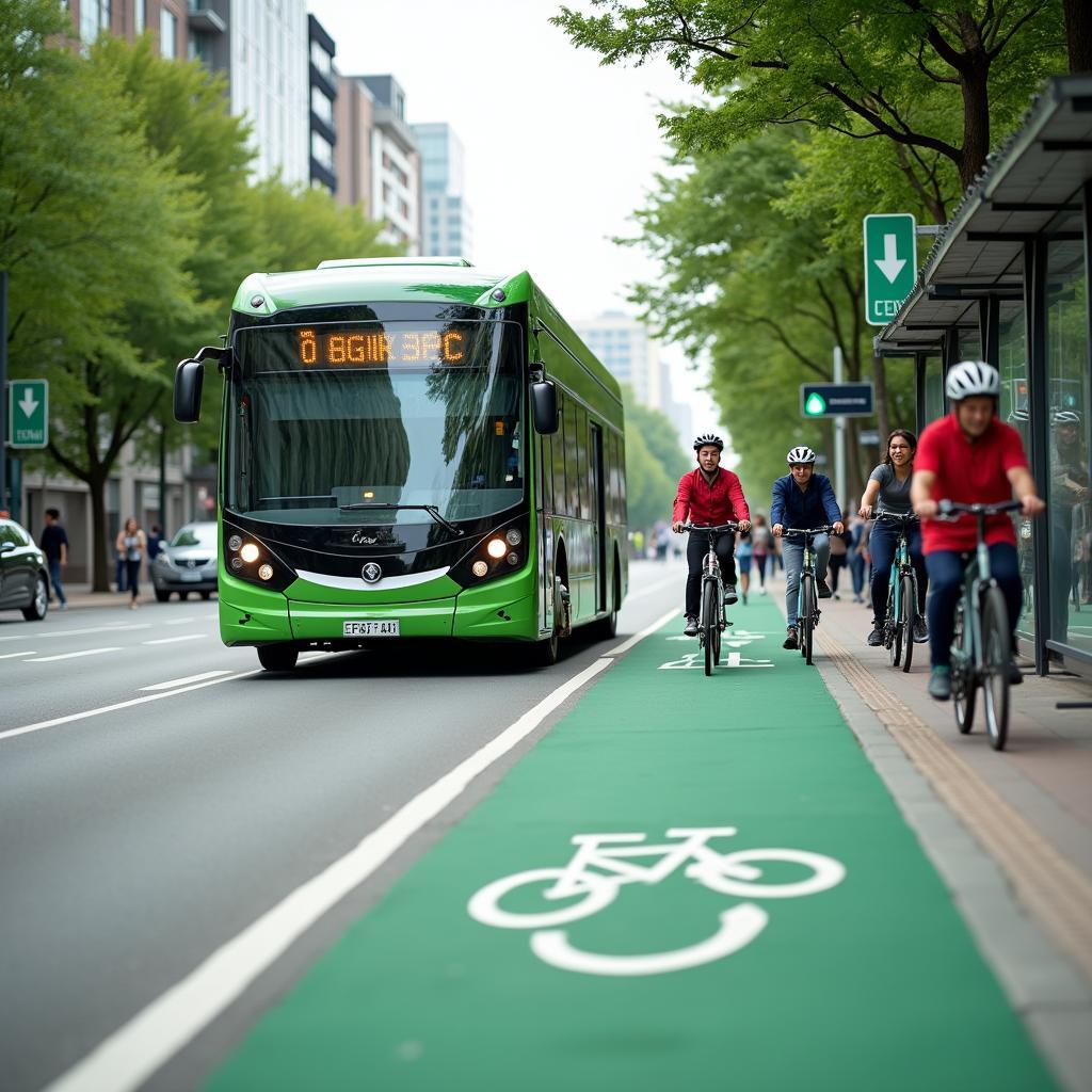 Modern electric bus and cyclists on bike lane, showcasing efficient, sustainable urban public transport solutions.