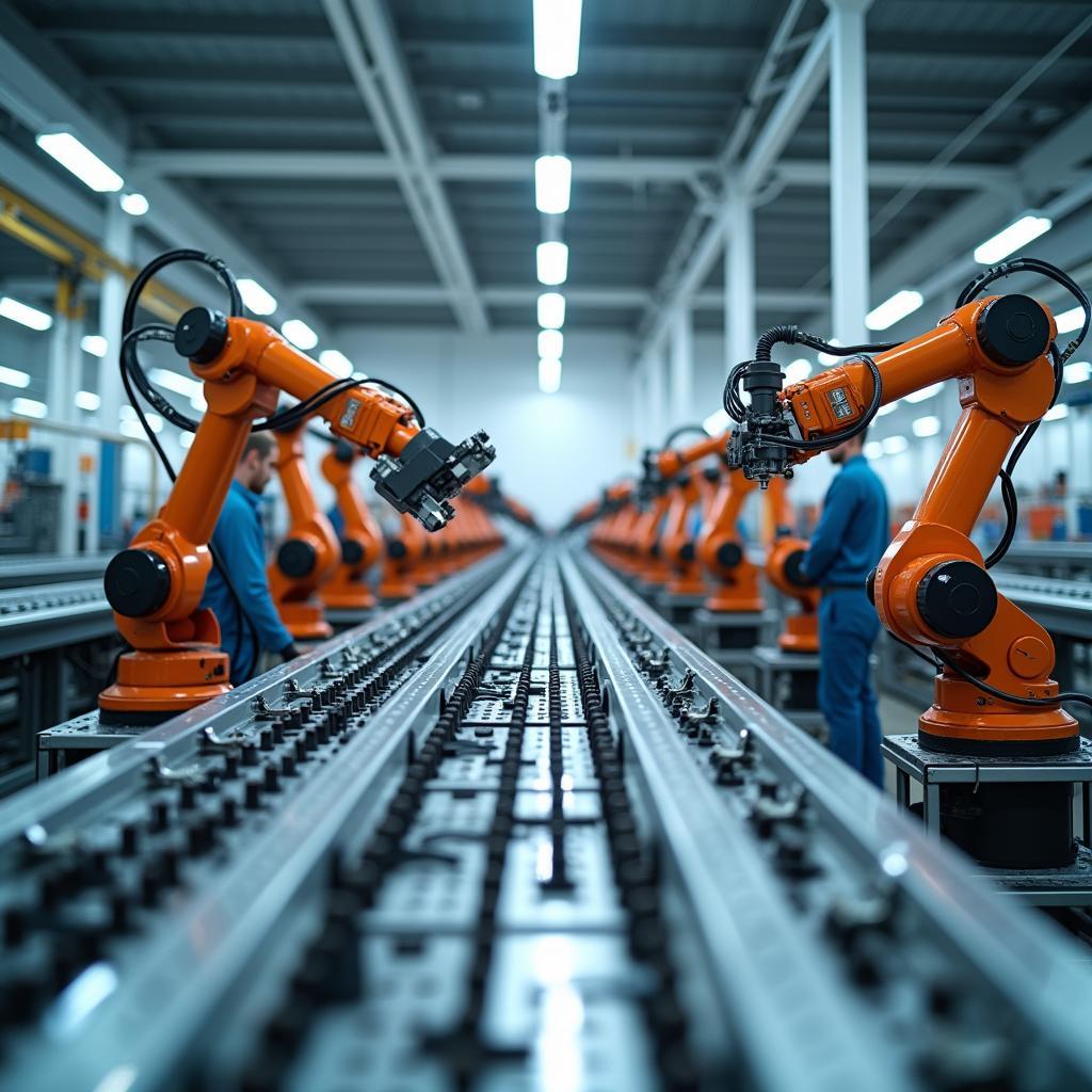 Modern factory automation with AI-driven robotic arms enhancing manufacturing efficiency in traditional industries.