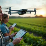 Advanced agricultural technology showing drone monitoring vast cropland
