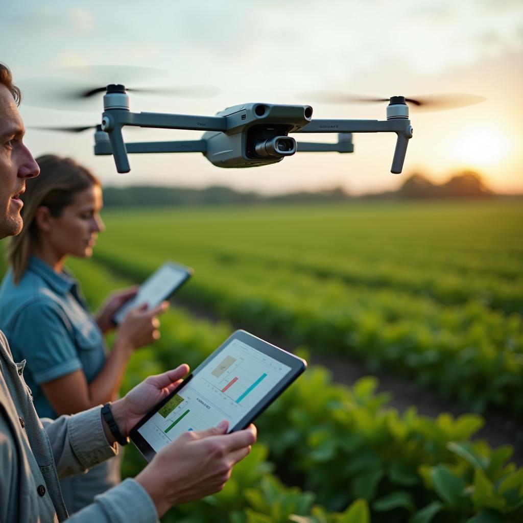 Advanced agricultural technology showing drone monitoring vast cropland