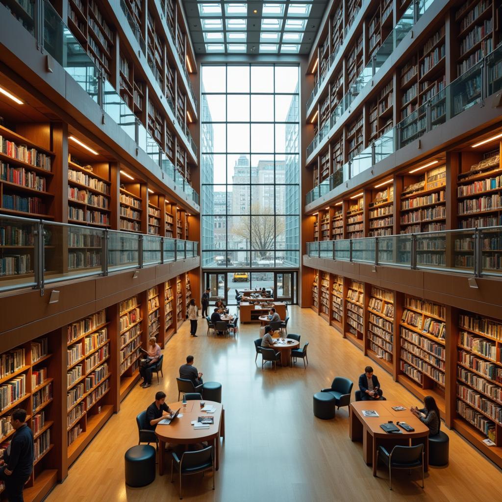 Modern central library interior with vast bookshelves, comfortable seating, and a peaceful atmosphere for study.