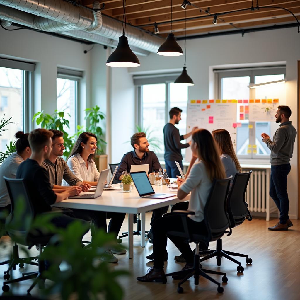 Bright modern office with diverse team collaborating, showcasing new approaches to employee motivation and wellbeing.