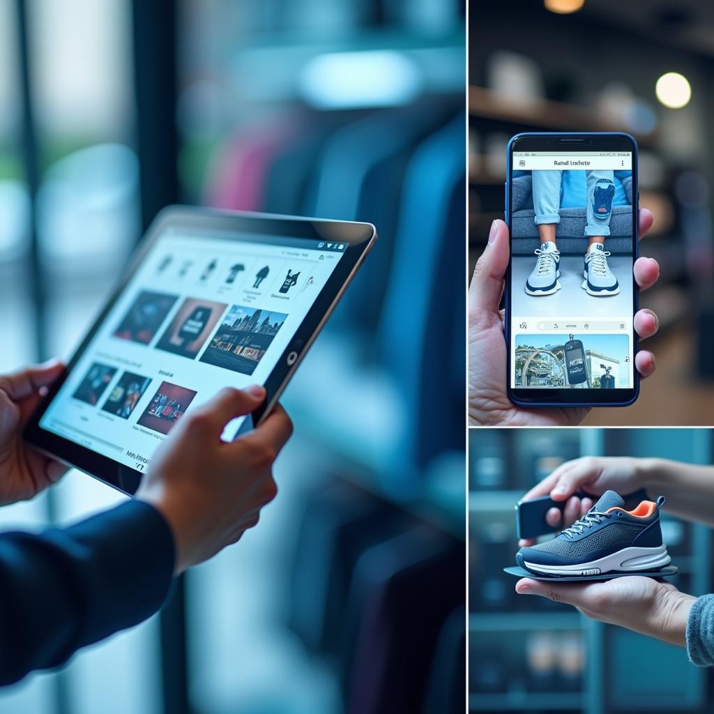 Montage illustrating modern retail technology: e-commerce, augmented reality virtual try-on, and seamless mobile payments.