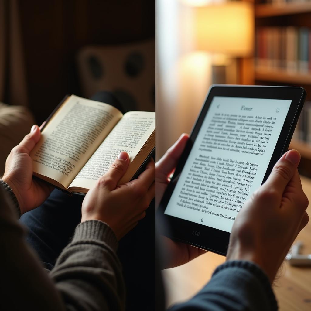 Comparison of modern digital reading on an e-reader or tablet versus traditional reading of a physical paper book.