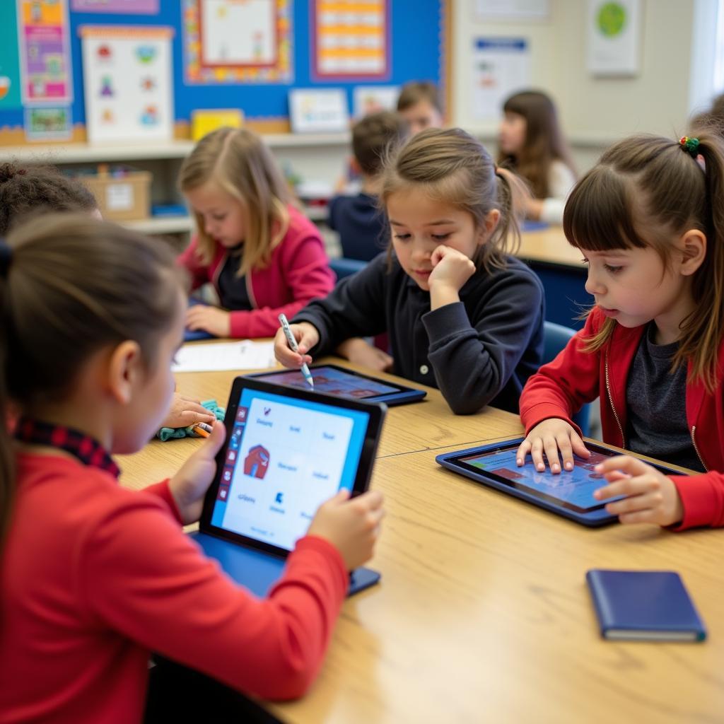 Children engaged in interactive multilingual learning activities