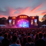 Large crowd enjoying outdoor music festival with colorful stage lights