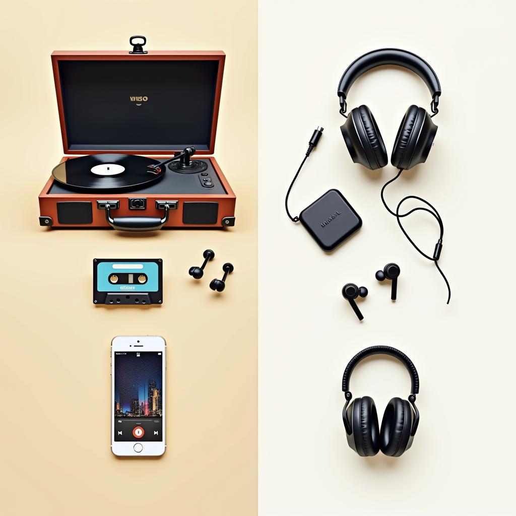 Evolution of music listening: from vinyl records to modern smartphones, streaming services, and portable audio devices.