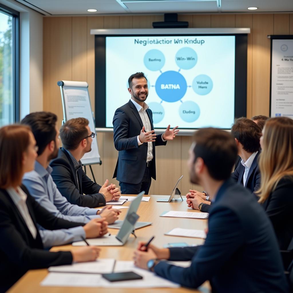 Diverse group of professionals participating in an interactive negotiation skills training workshop with a facilitator