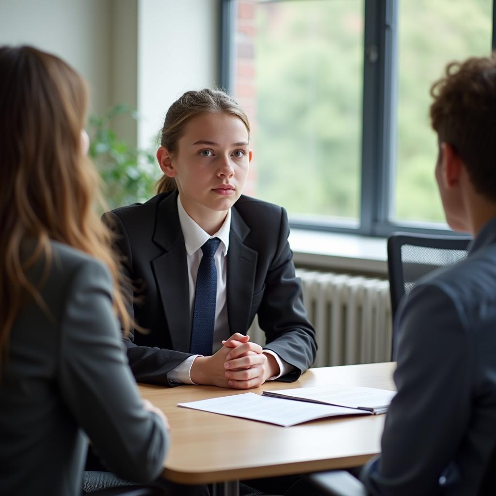 Nervous student at university entrance interview with examiners, a high-stakes moment determining academic future.