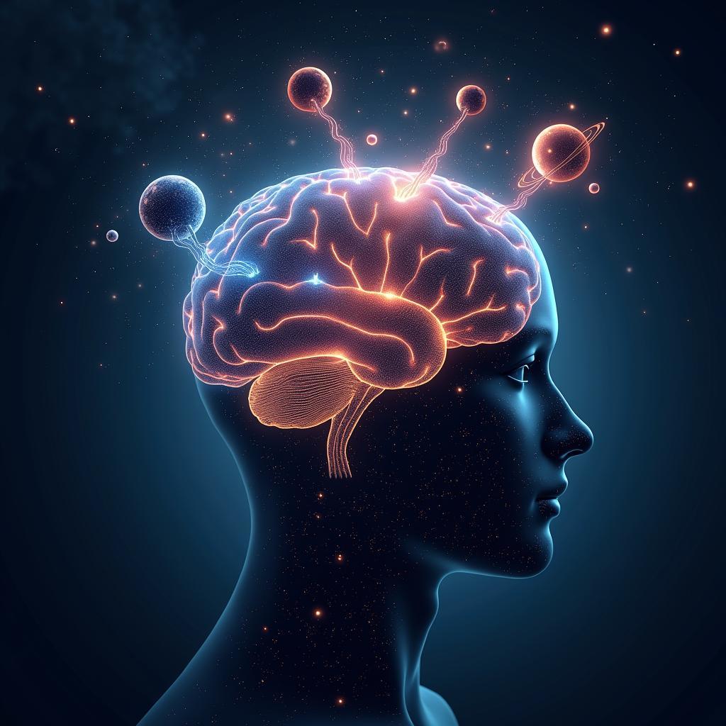 Brain forming new neural connections with cosmic elements, symbolizing neuroplasticity from space-related education learning.