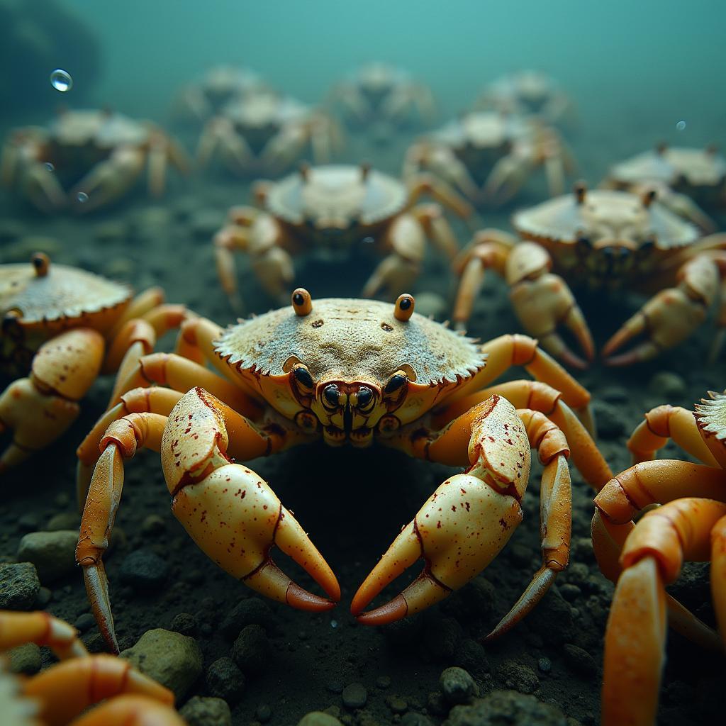 Effects of ocean acidification on shellfish, illustrating weakened exoskeletons of crabs and lobsters in acidic waters due to CO2 absorption.