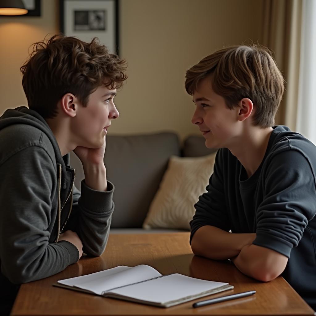 Older brother attentively listening, offering emotional support and advice to his younger sibling at home.