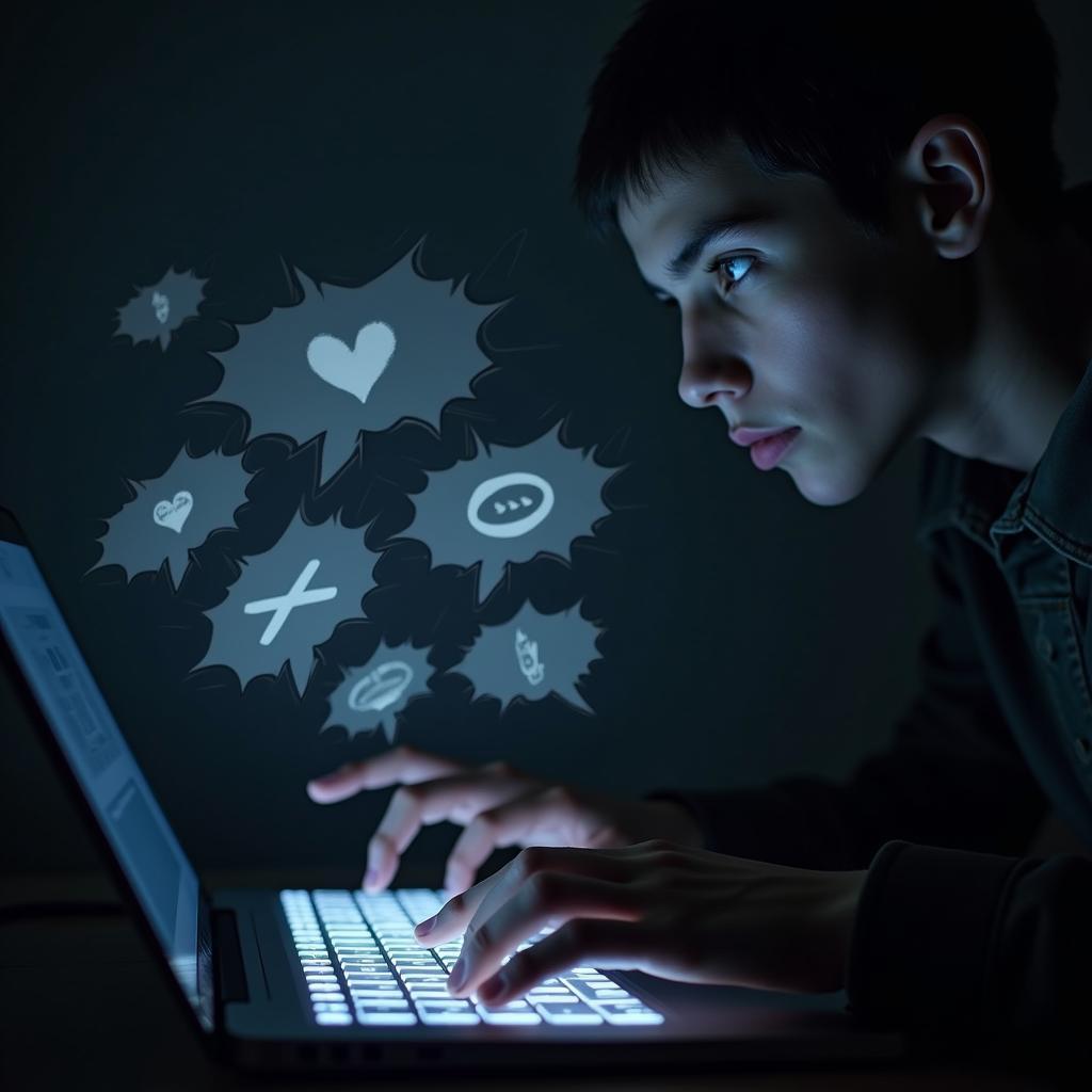 Anonymous typing, dark speech bubbles illustrate cyberbullying, hate speech from social media anonymity.