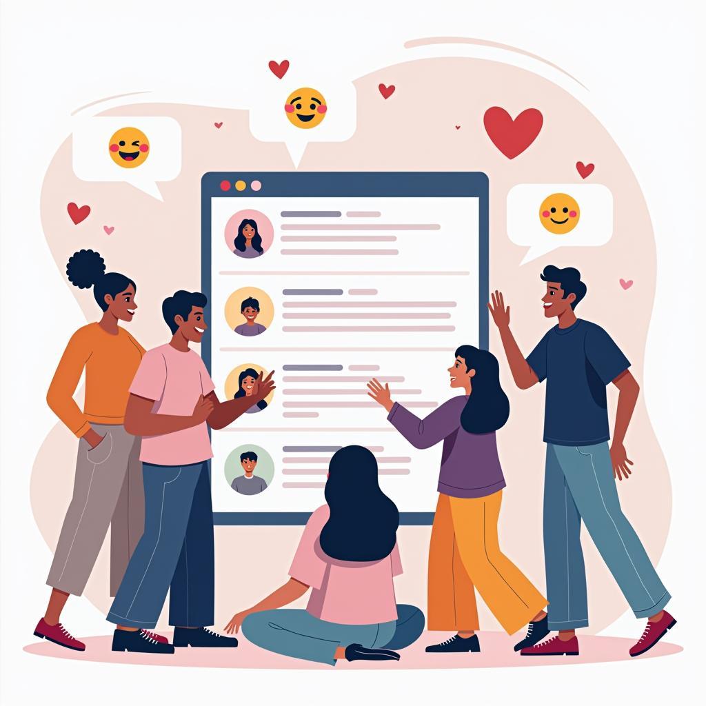 Diverse group offering peer support in online community, benefiting mental health and well-being