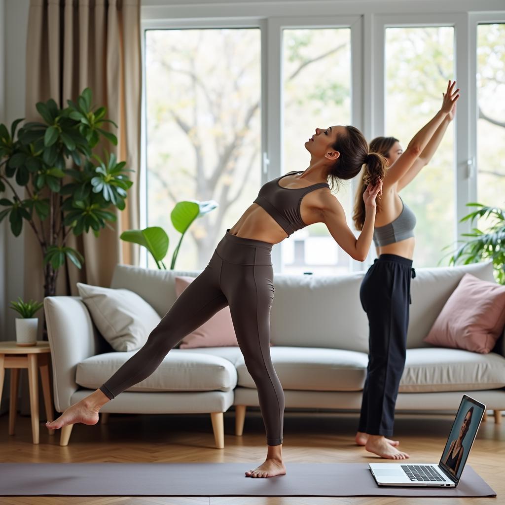 Woman follows online yoga class on laptop at home, using digital fitness for gym-free workouts.