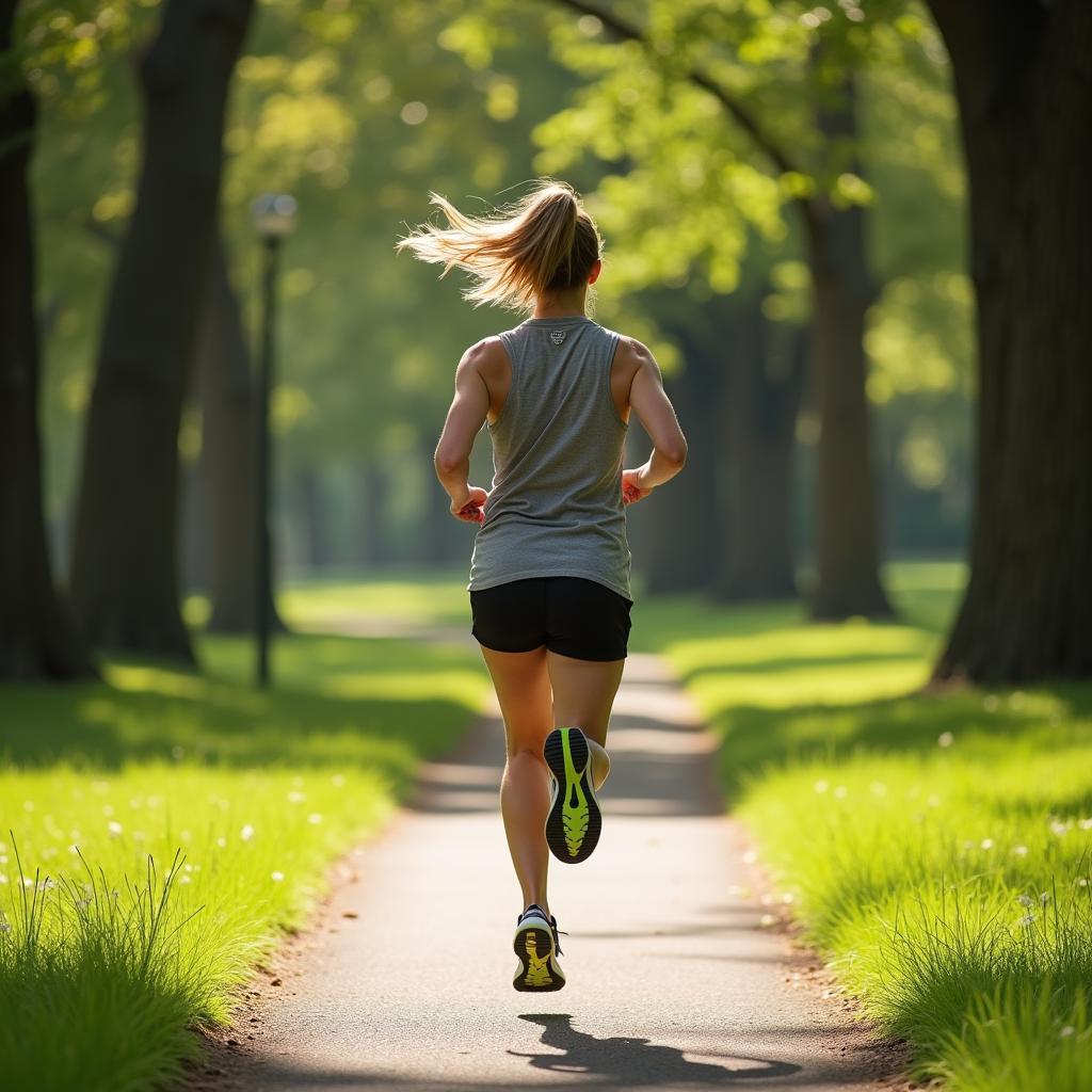 Individual running in a sunny park, a great gym-free cardio exercise option with fresh air benefits.