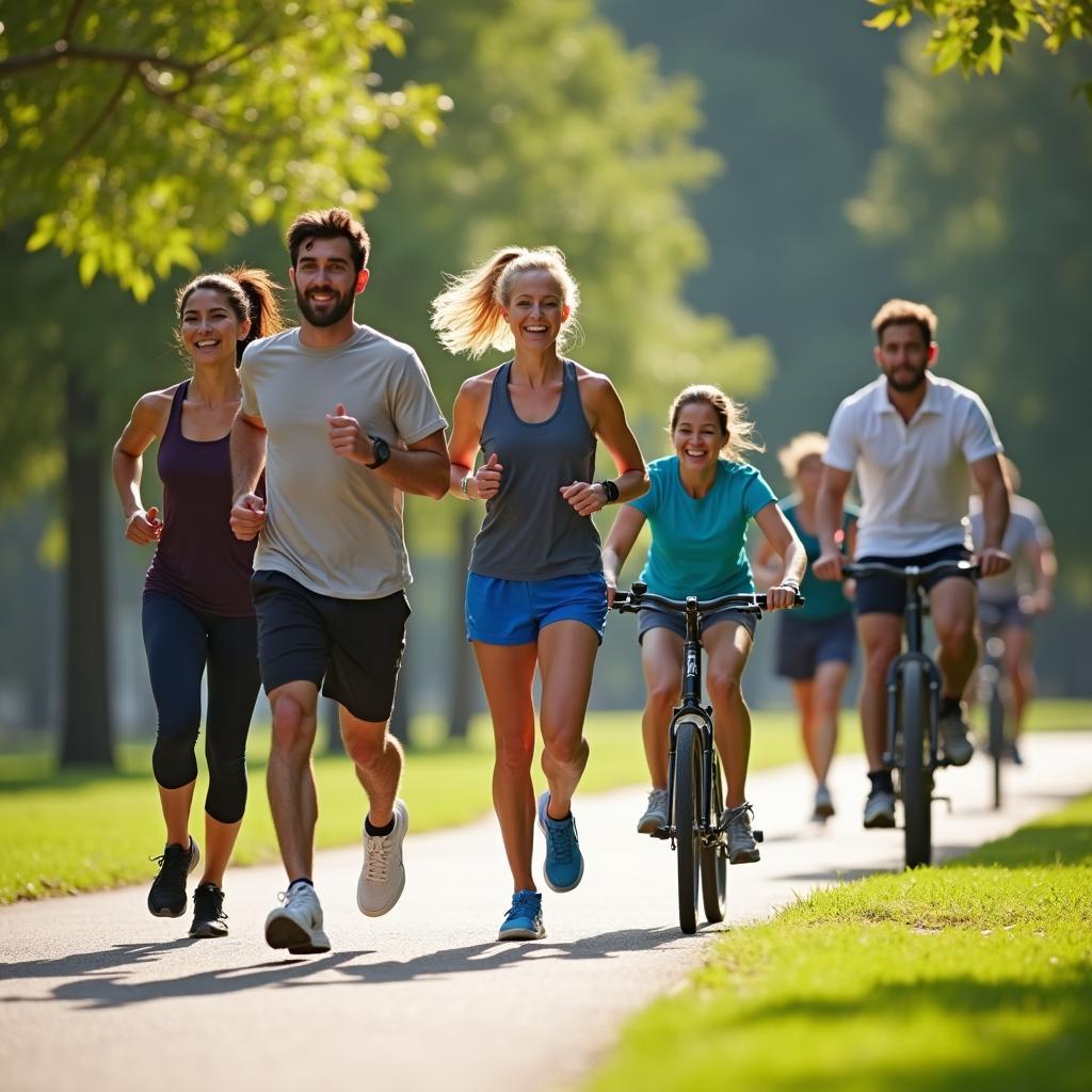 People enjoying outdoor fitness like jogging, cycling in a sunny park, promoting public space exercise.