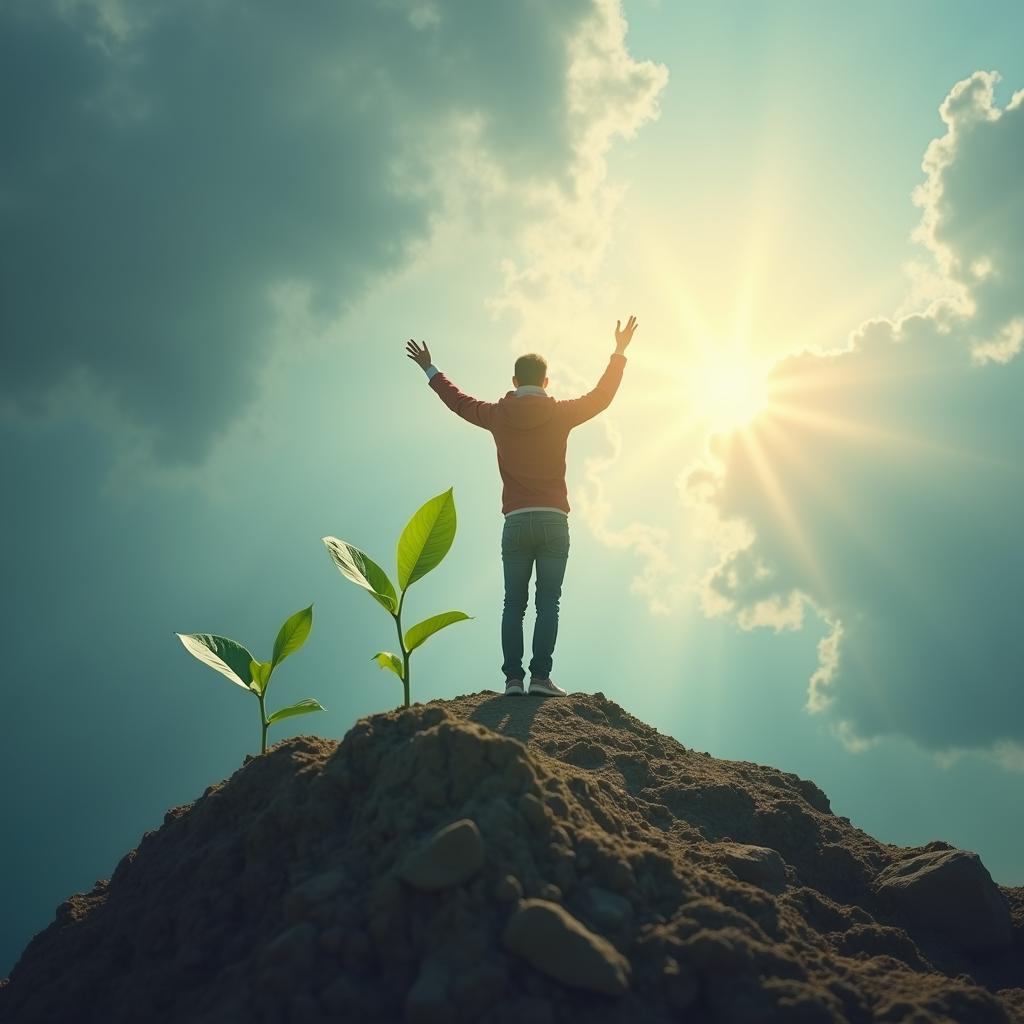 Person on mountain peak symbolizing personal growth and resilience achieved by overcoming setbacks and challenges.
