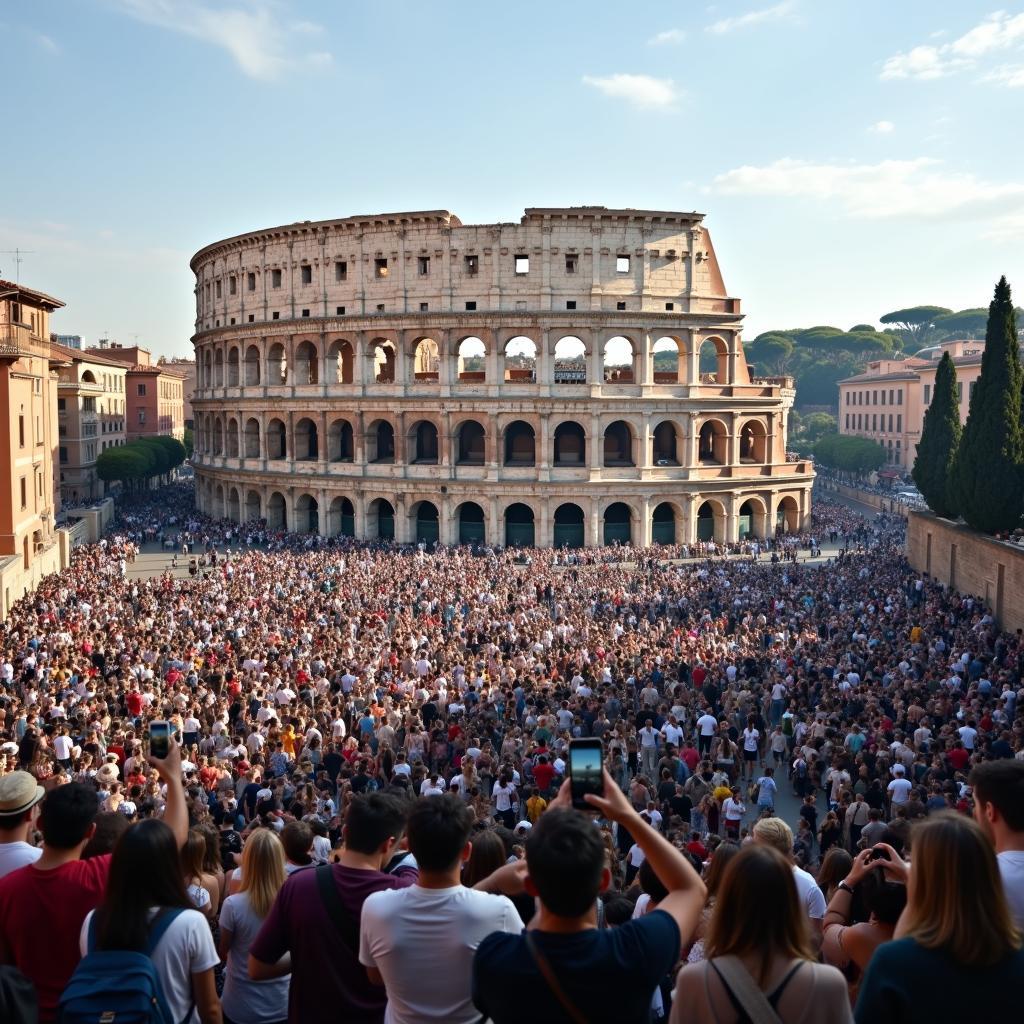 Famous landmark heavily overcrowded with tourists, illustrating overtourism issues for IELTS discussion.