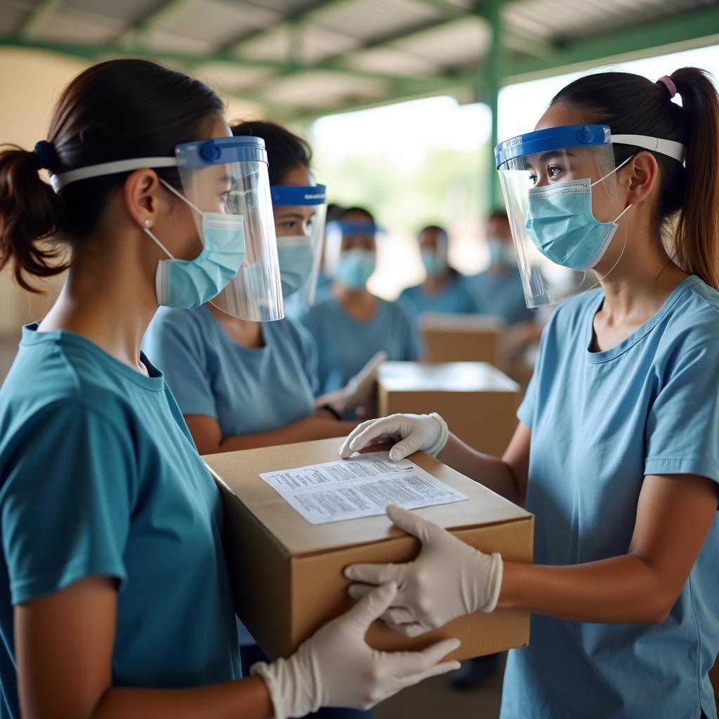 Volunteers meticulously adhering to strict COVID-19 safety protocols, wearing PPE and maintaining social distance while distributing aid.