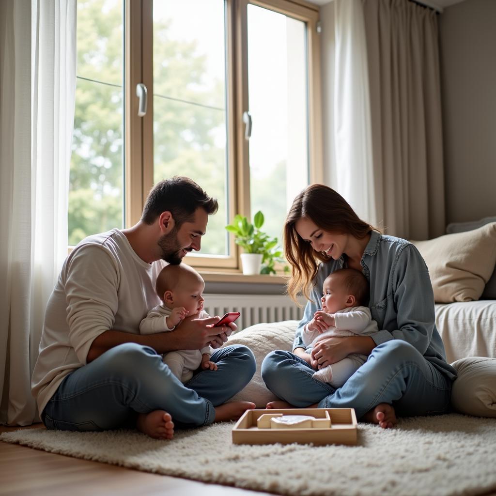 Parents equally sharing childcare responsibilities at home