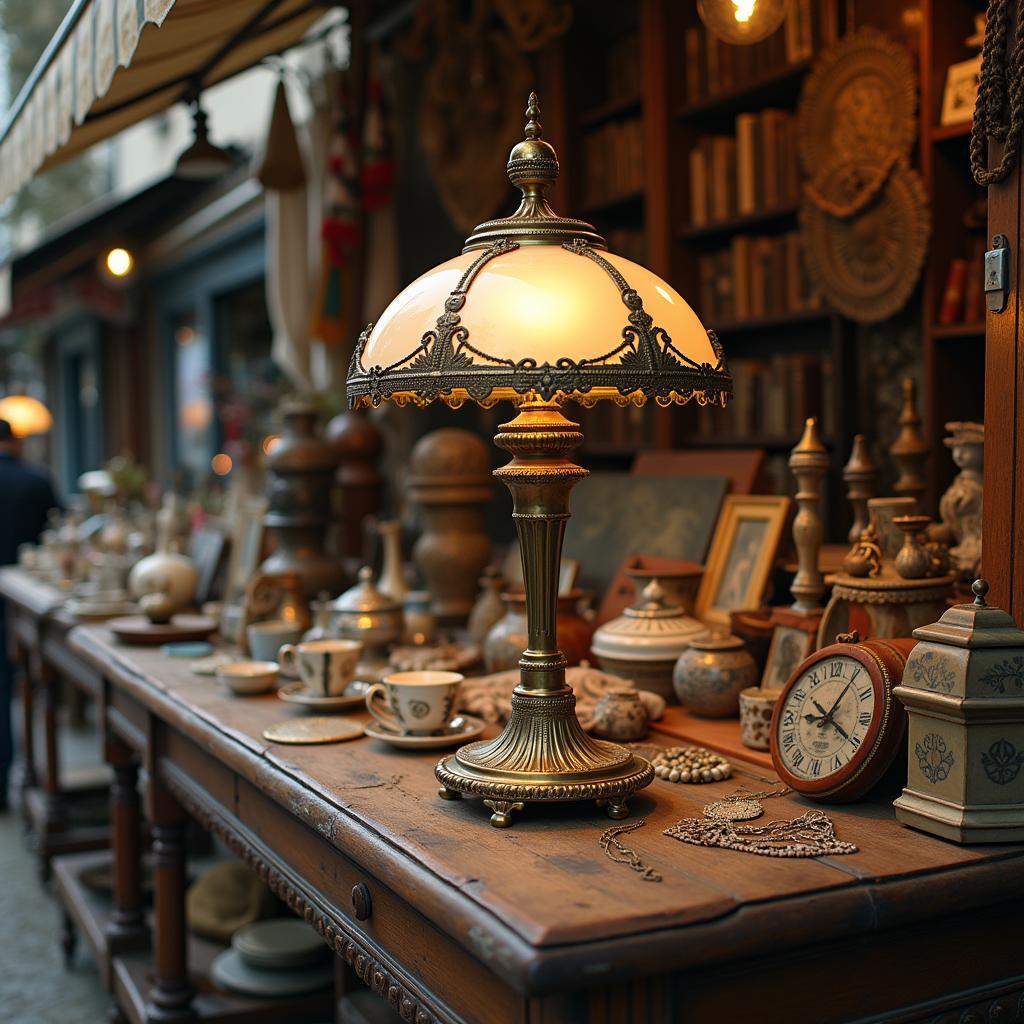 Parisian flea market stall with vintage items, featuring an exquisite Art Deco lamp for memorable shopping.