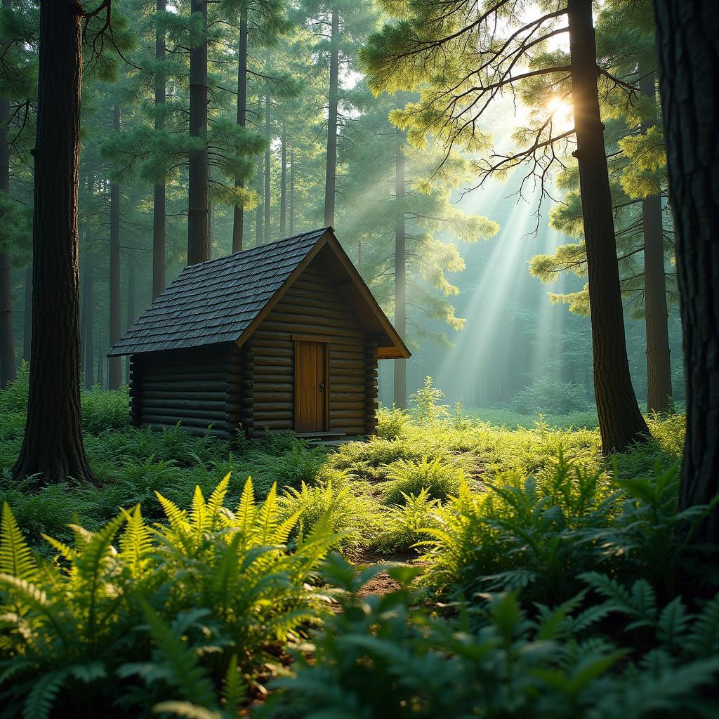 Peaceful wooden cabin for mental recharge nestled in serene forest with sunlight filtering through trees