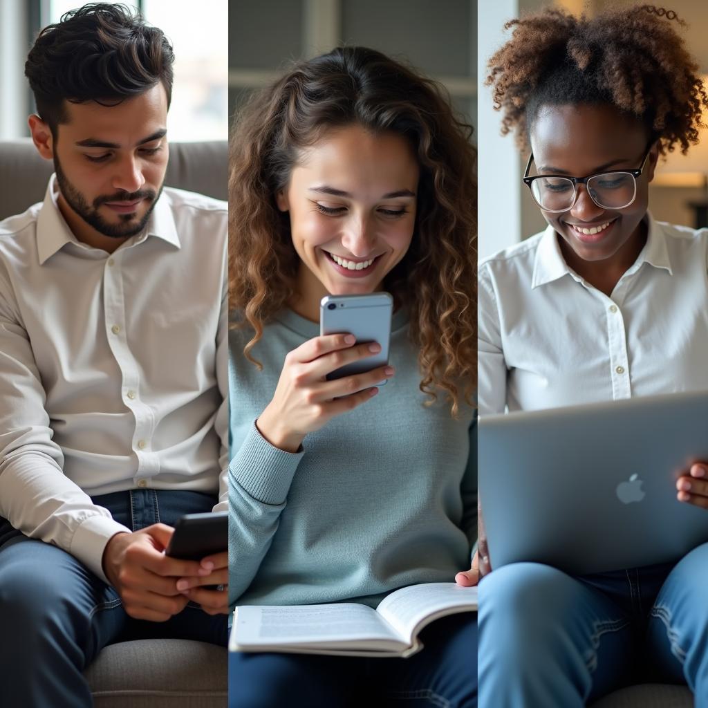 Diverse group of people using smartphones and laptops to read news from digital platforms and social media.