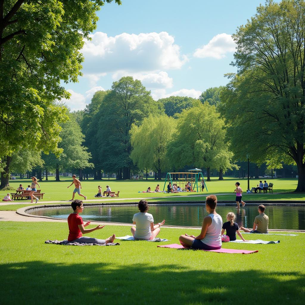 Diverse group of people enjoying various recreational activities in Greenwood Park, fostering a sense of community.