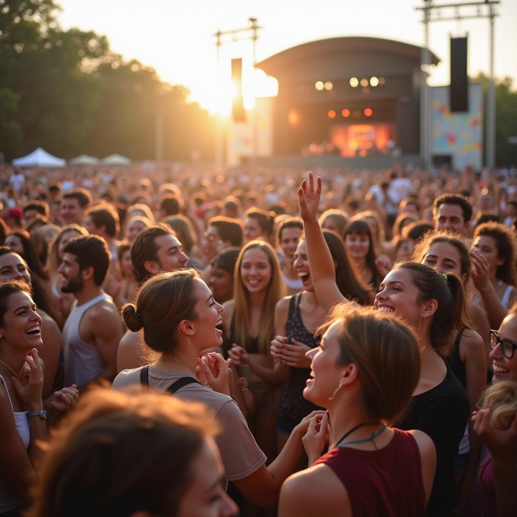 Diverse group of happy people enjoying a crowded outdoor music festival, illustrating social interaction in crowded places for IELTS.