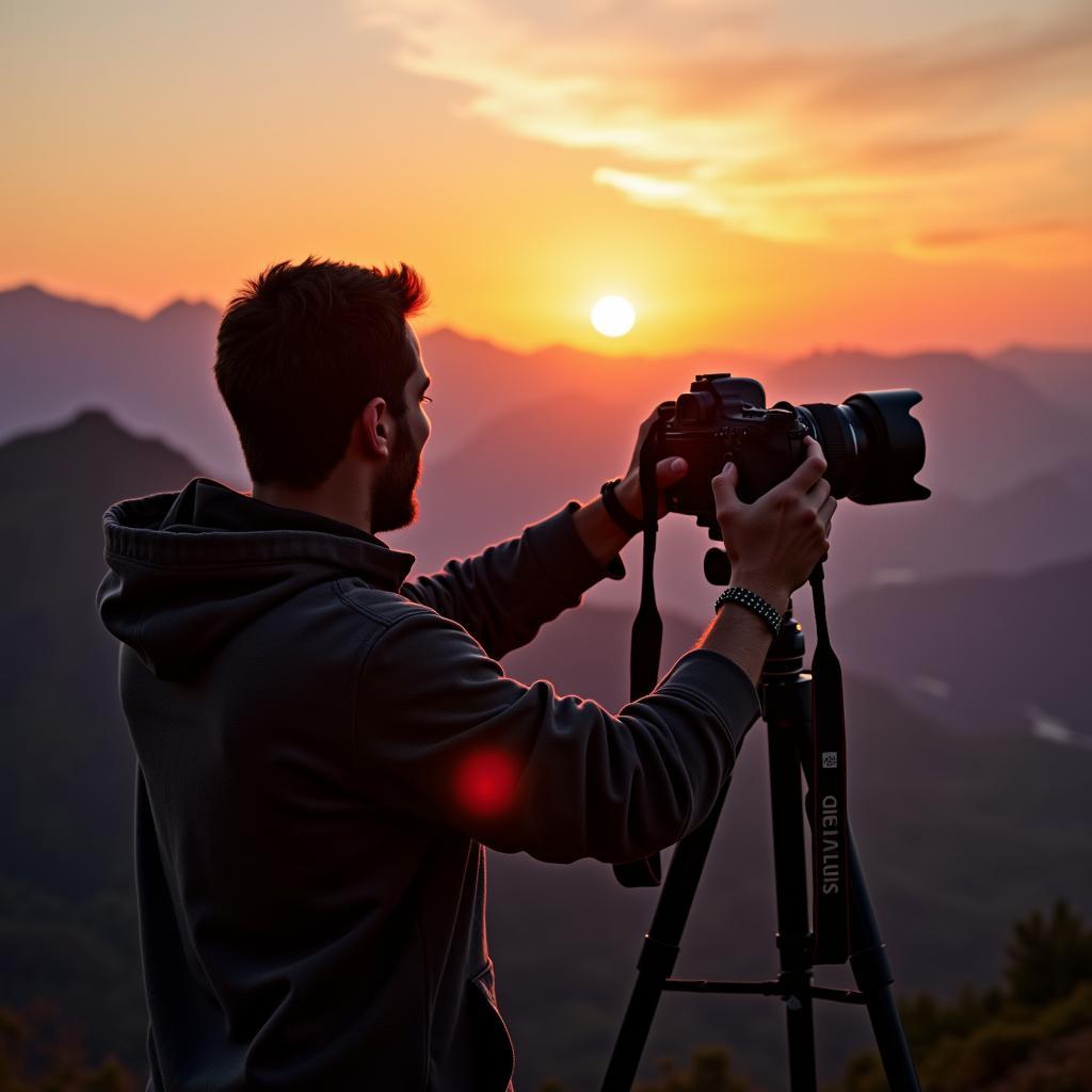 Individual engrossed in photography hobby, capturing a scenic landscape with a professional camera during golden hour.