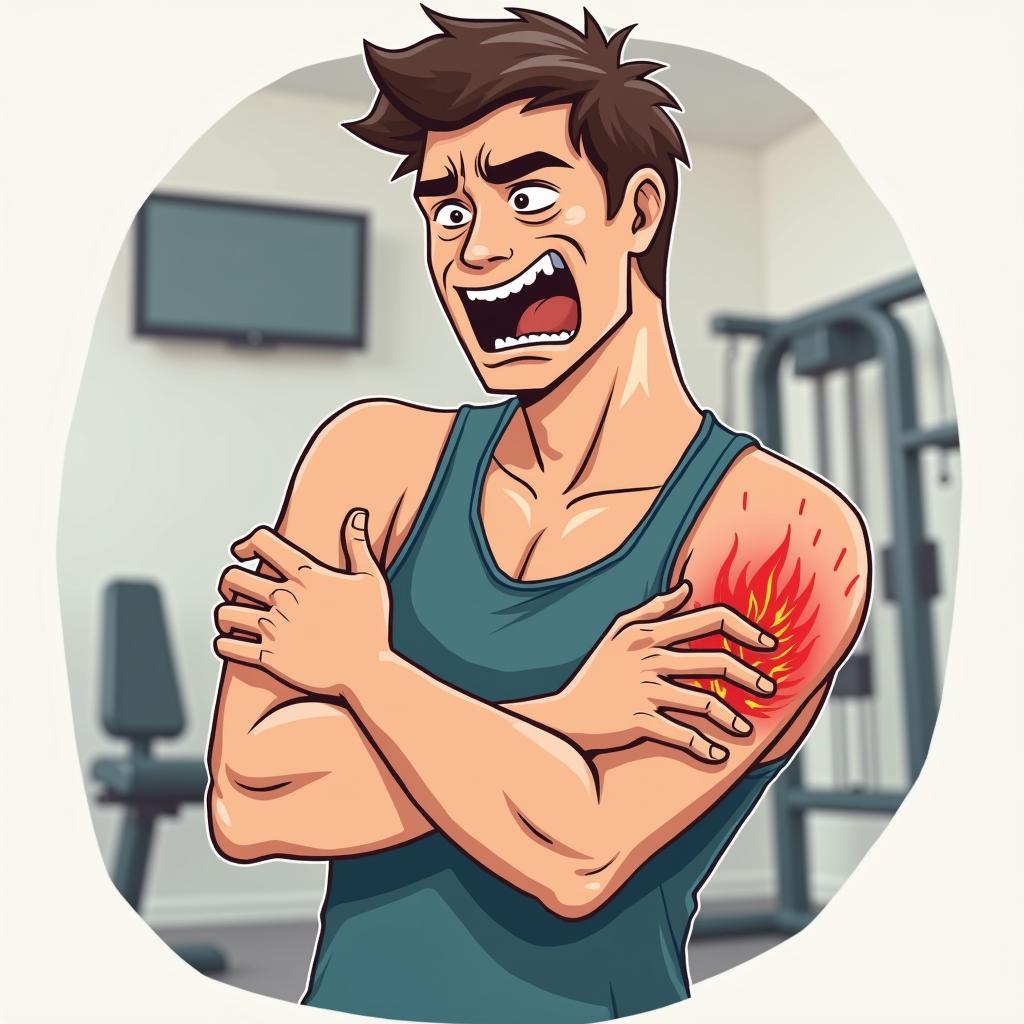 Person experiencing muscle soreness after workout, grimacing in pain, relevant for IELTS health vocabulary.