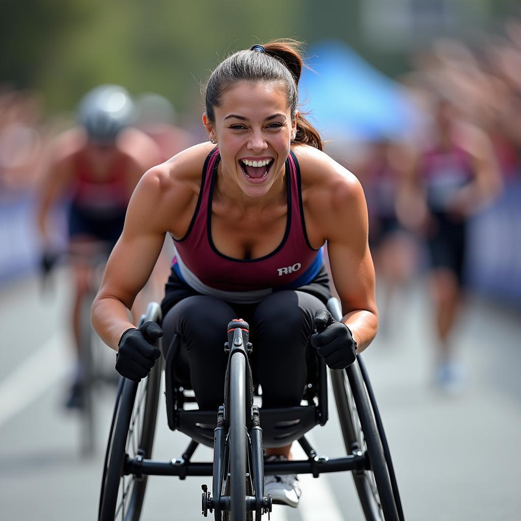 Person smiling in wheelchair race, a powerful example of overcoming adversity and demonstrating resilience.