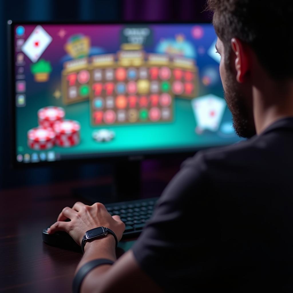 Adult at computer screen choosing online gambling, symbolizing personal freedom, autonomy, and individual entertainment decisions.