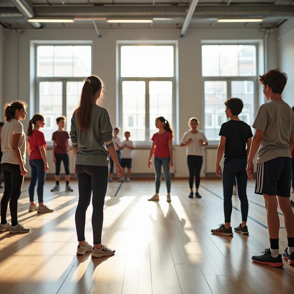 Physical education class with diverse group of students exercising