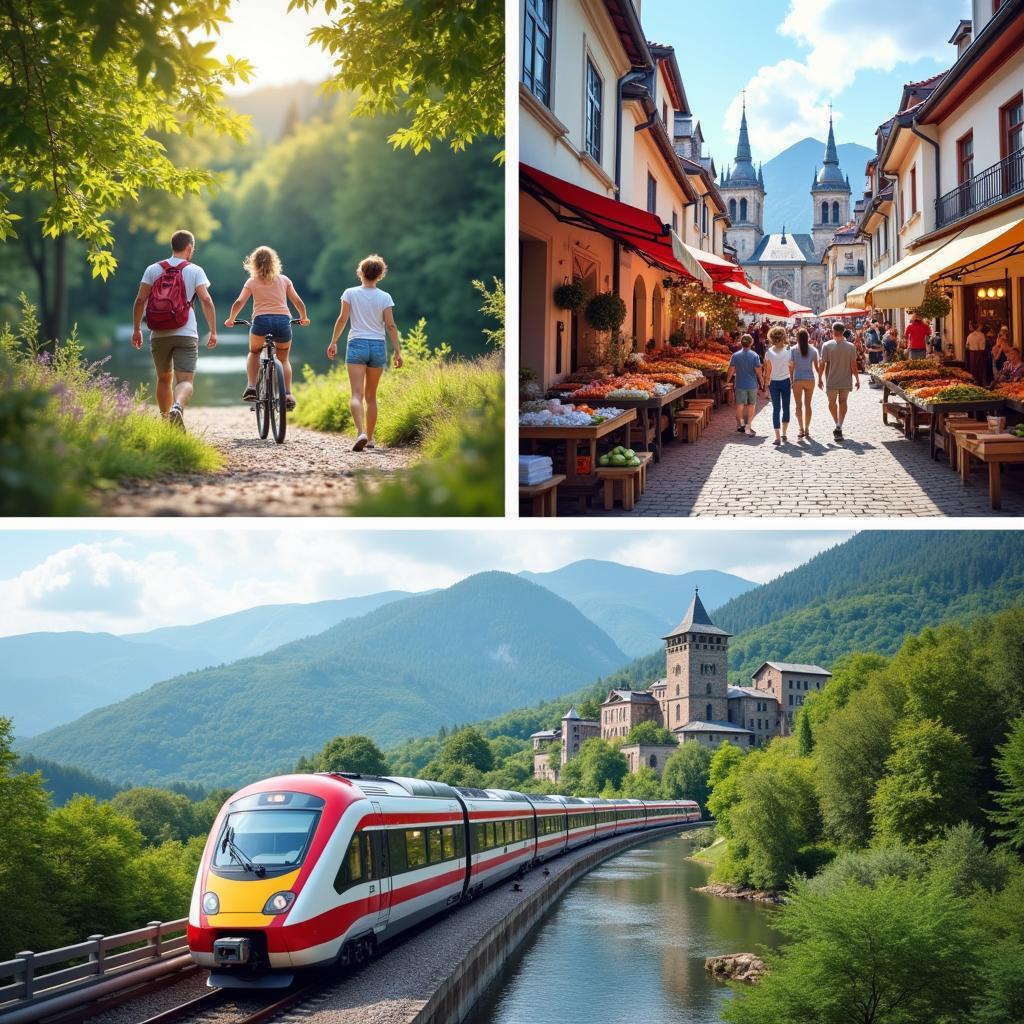 Collage depicting the popularity of modern day trips: accessible nature escapes, cultural city visits, and quick getaways.