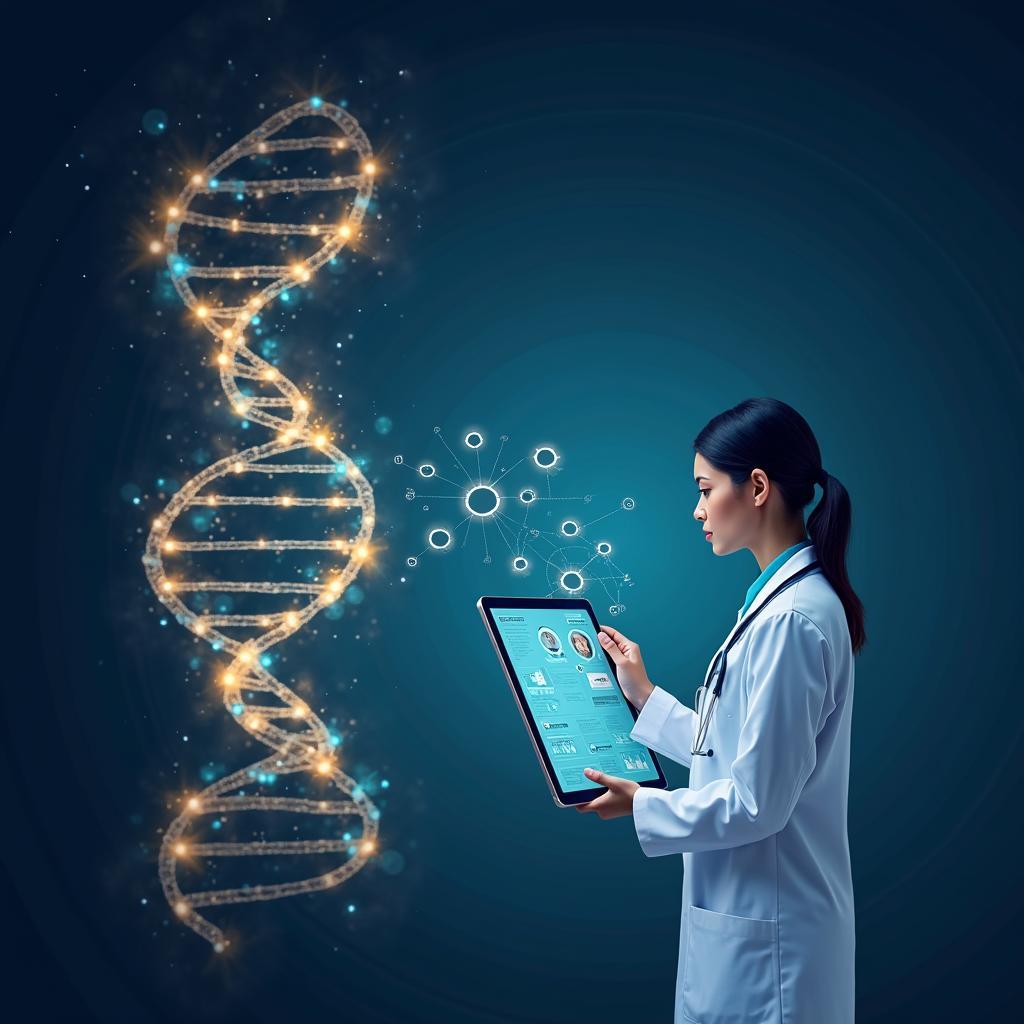 AI-driven precision medicine concept with DNA, patient data, and tailored treatment plan for healthcare.