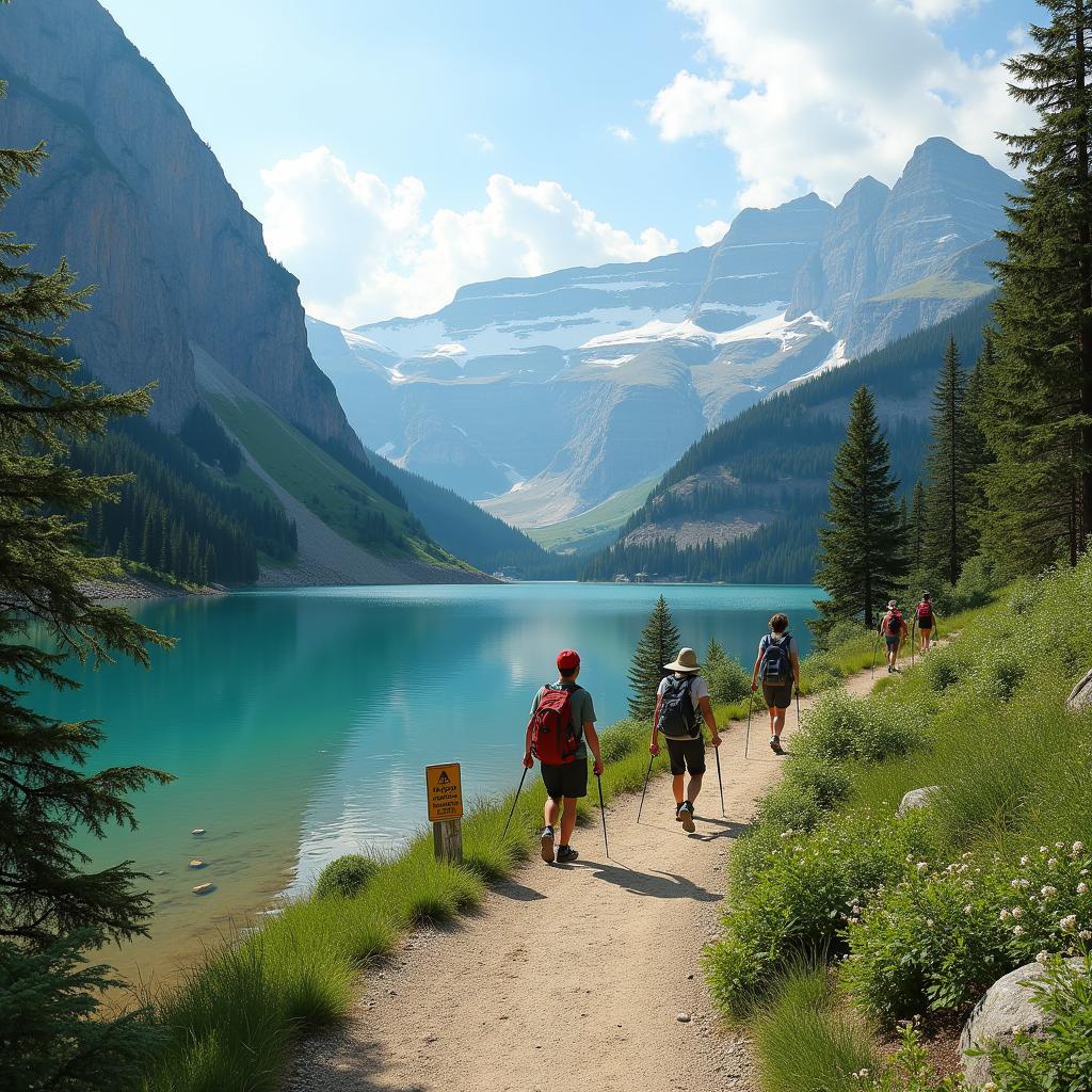 A well-maintained trail by a pristine mountain lake, showing sustainable tourism efforts to preserve the ecosystem for visitors.