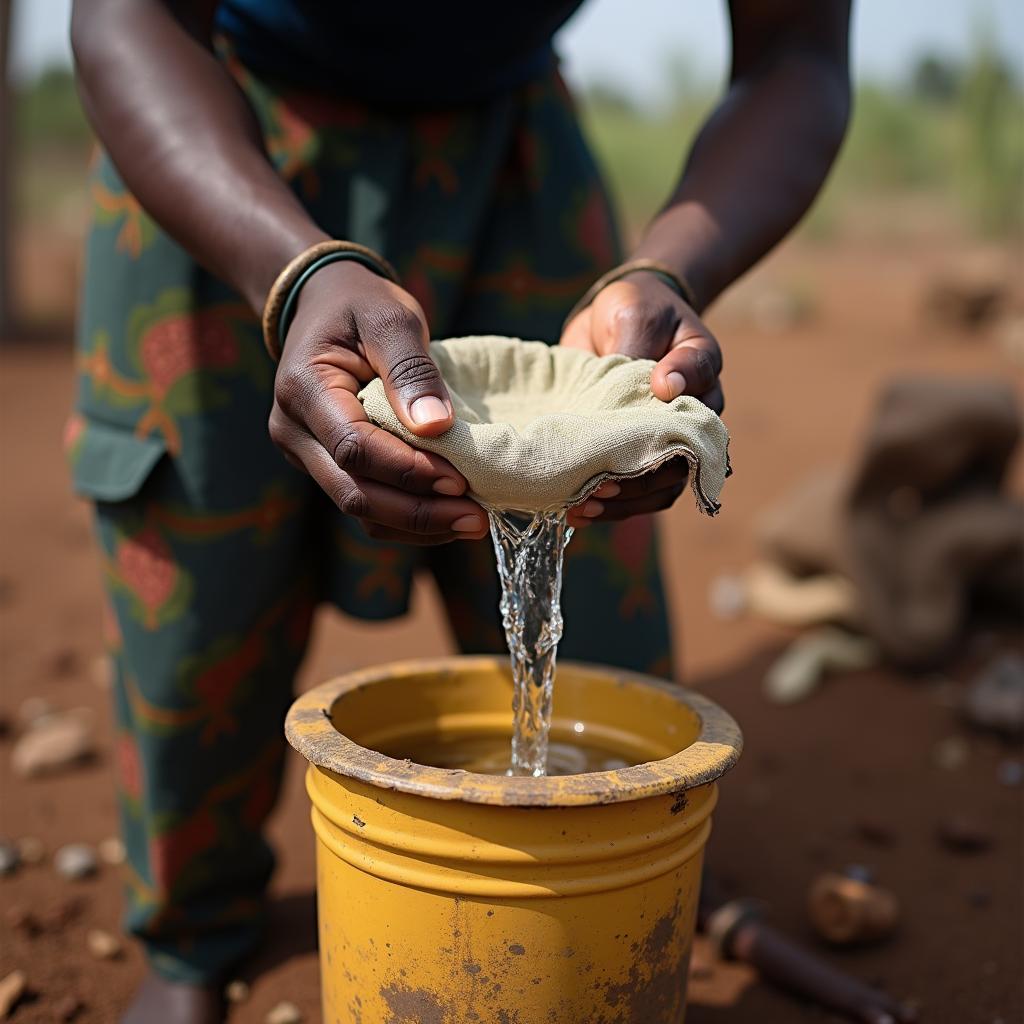 African villager filtering drinking water with cloth to prevent Guinea worm disease effectively