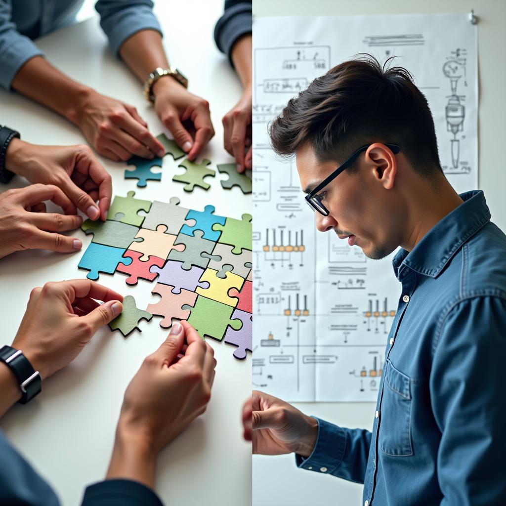 Conceptual image showing collaborative problem solving versus focused individual effort on a task
