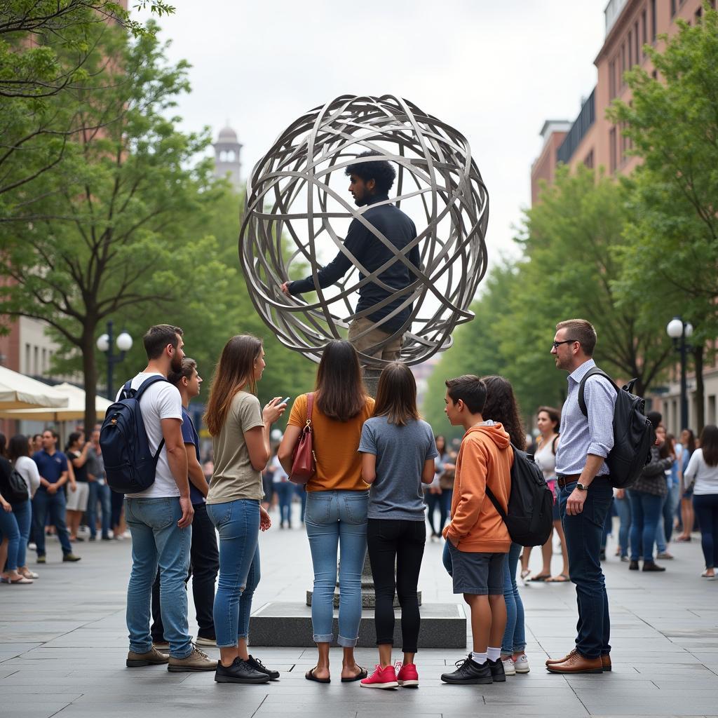 Community members interacting with public art installation