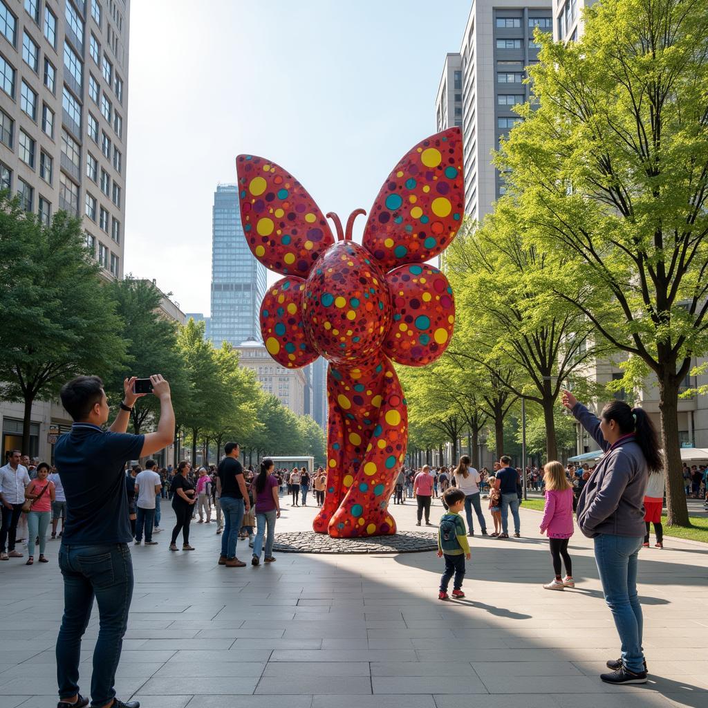 Colorful outdoor public art installation bringing diverse community members together, illustrating art's societal influence.