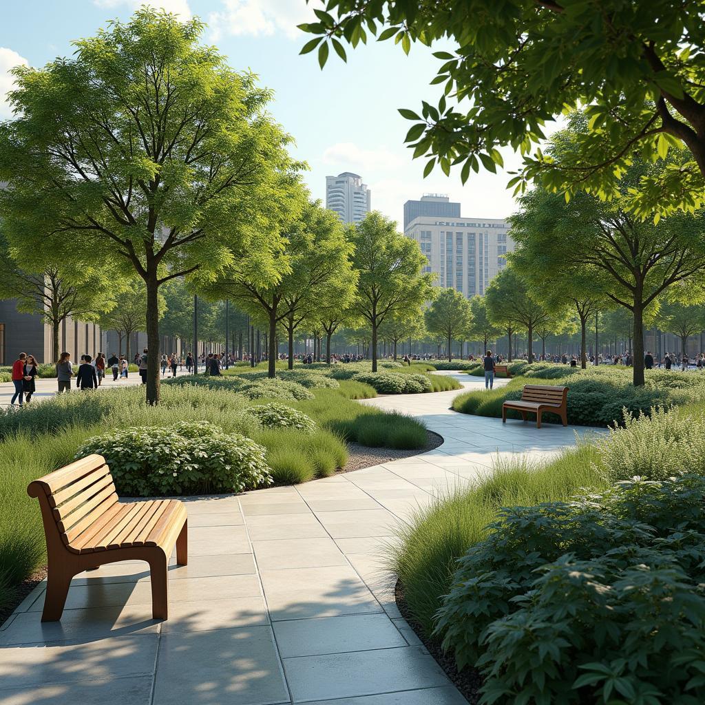 Public park thoughtfully designed for solitude with quiet zones, private seating, and integrated natural elements