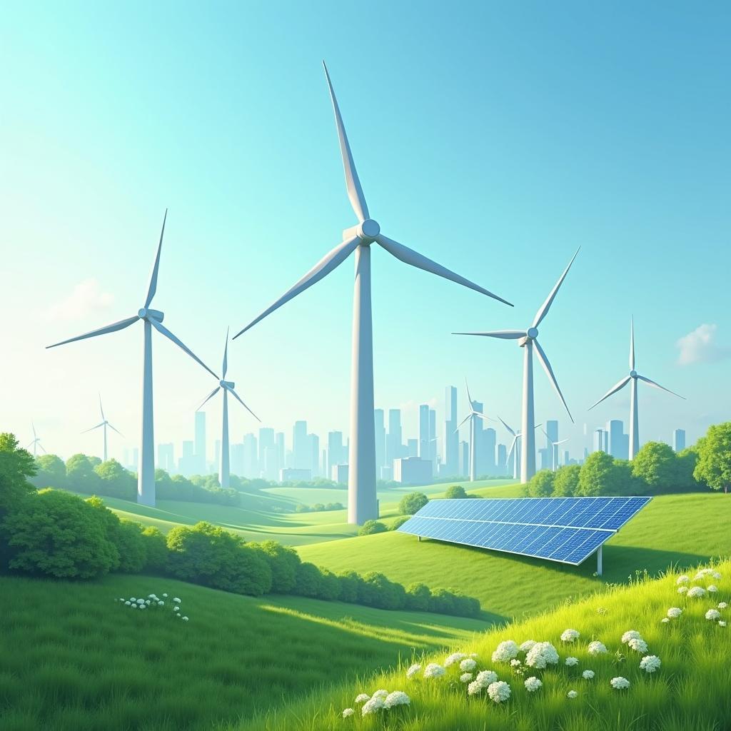 Wind turbines and solar panels symbolizing a country's shift towards renewable energy investments for sustainable growth and new jobs