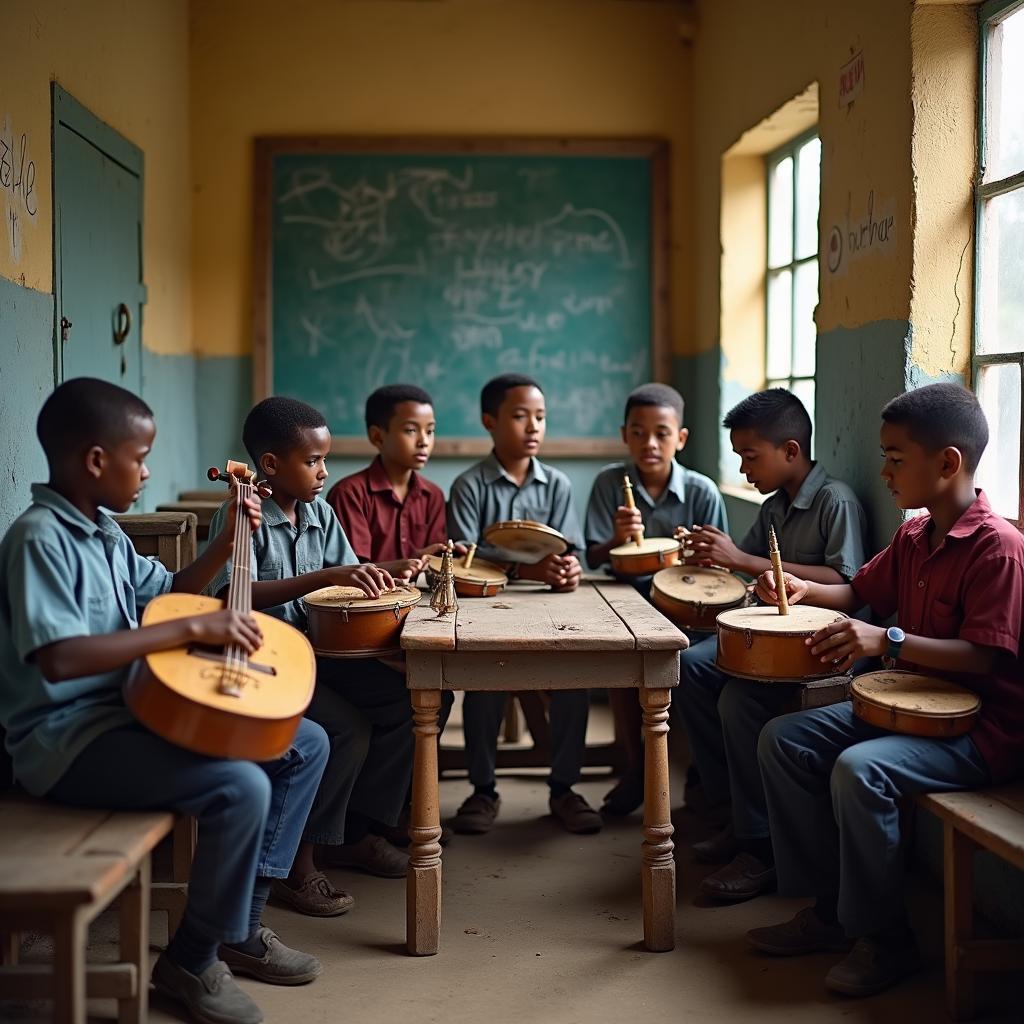 Music education resource scarcity challenge with old instruments in an underfunded classroom setting.