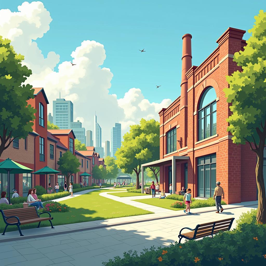 Concept for revitalized urban area: mixed-use development, green parks, and repurposed industrial heritage buildings.