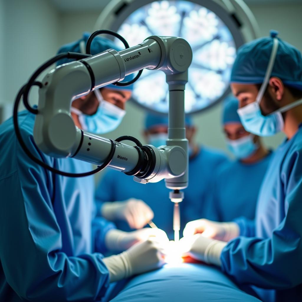 A high-tech robotic arm precisely assisting surgeons in a modern operating room, showcasing automation improving healthcare outcomes