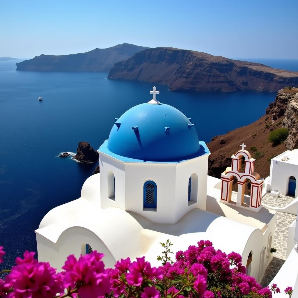 Iconic blue-domed church, Oia, Santorini, views black volcanic sand beach, Aegean Sea, famous attraction.